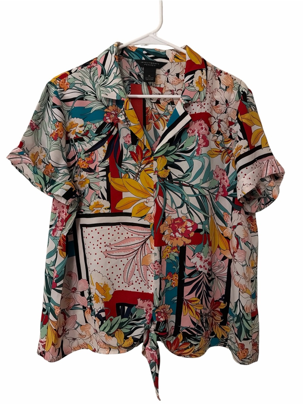 Investments Petites Floral Collared Front Tie Large Blouse - Coral, Teal, Pink,